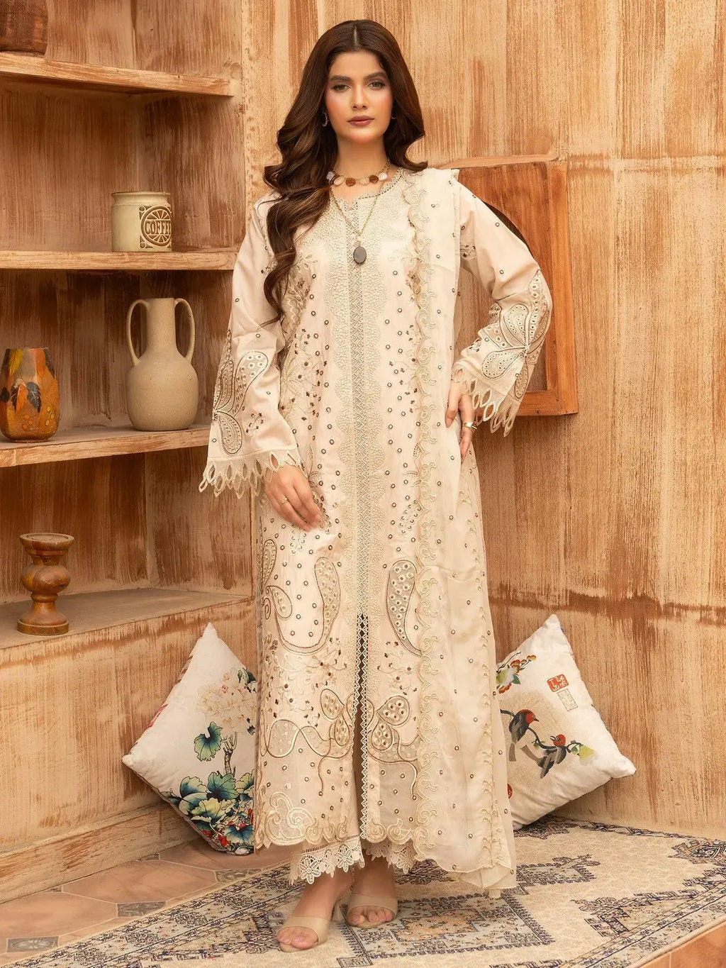 Premium Lawn 3 Piece Stitched Embroidered Suit for Women - Elegant Beige Collection