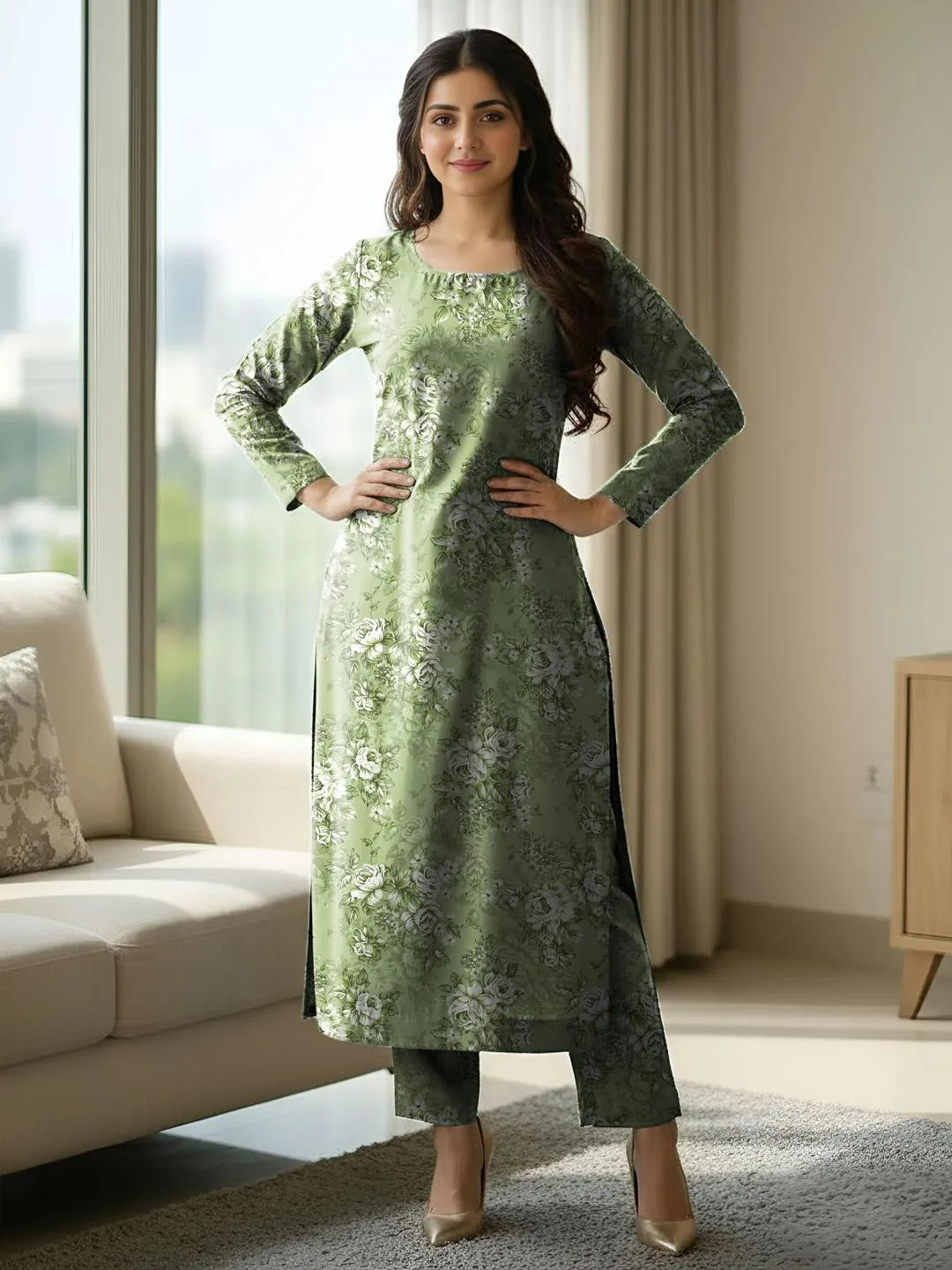 Women's Green Printed Lawn 2 Piece Suit (Unstitched)