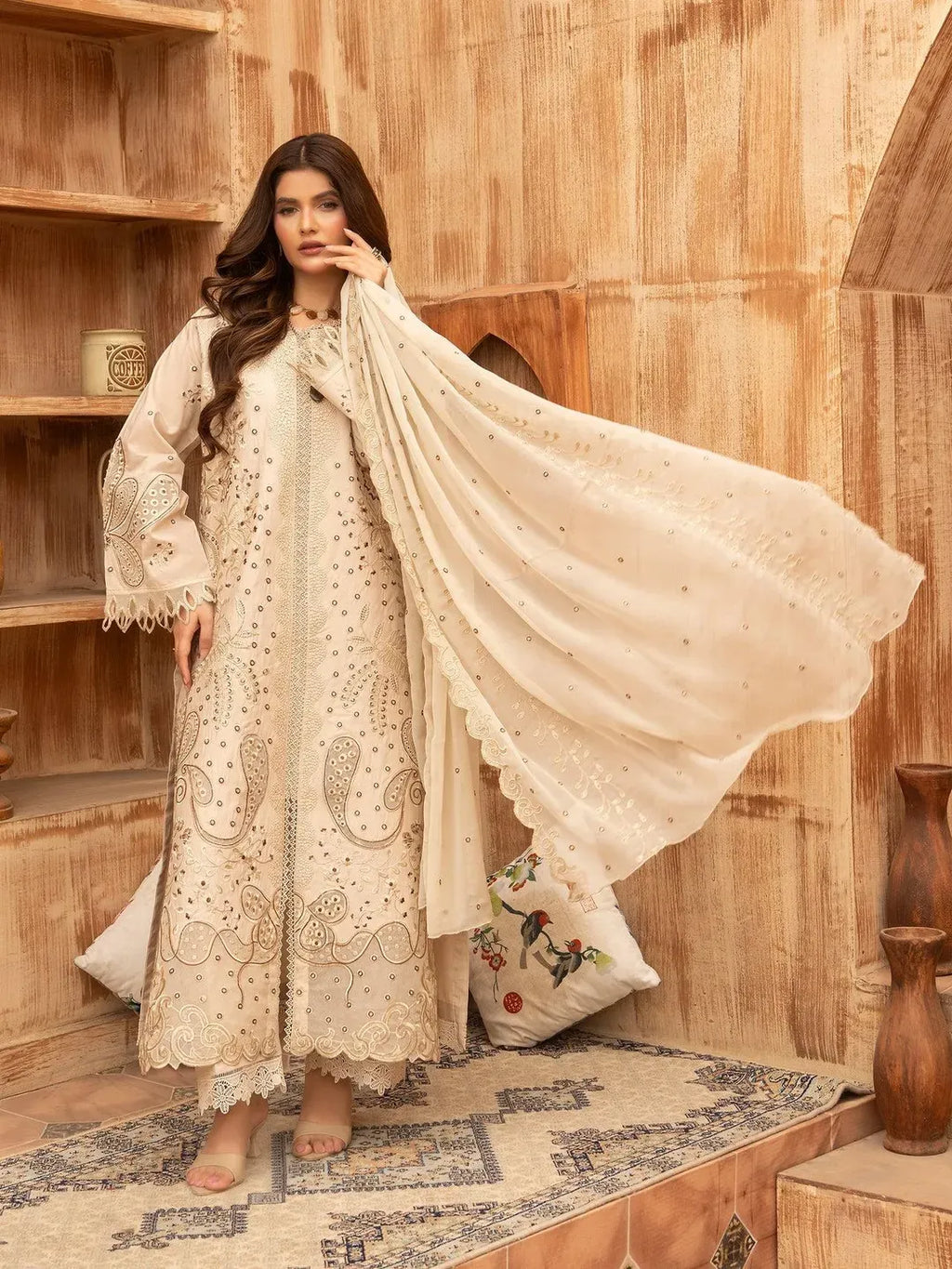 Premium Lawn 3 Piece Stitched Embroidered Suit for Women - Elegant Beige Collection