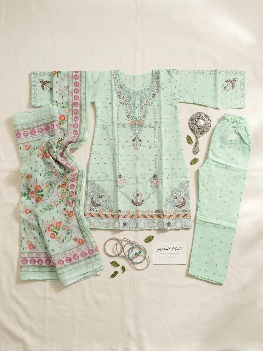 3-Piece Light Green Embroidered Cotton Lawn Suit (Large)