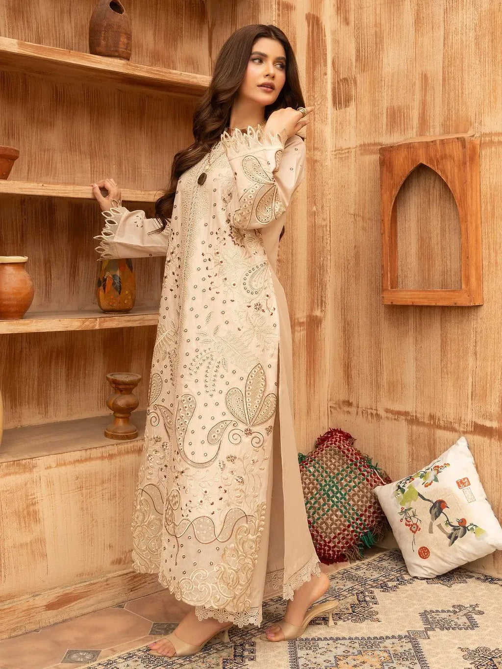 Premium Lawn 3 Piece Stitched Embroidered Suit for Women - Elegant Beige Collection