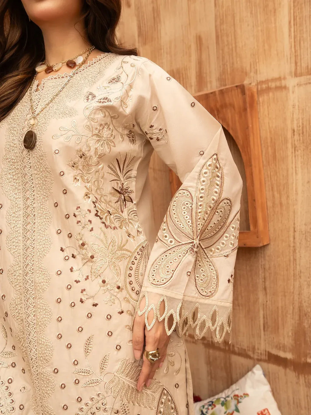 Premium Lawn 3 Piece Stitched Embroidered Suit for Women - Elegant Beige Collection