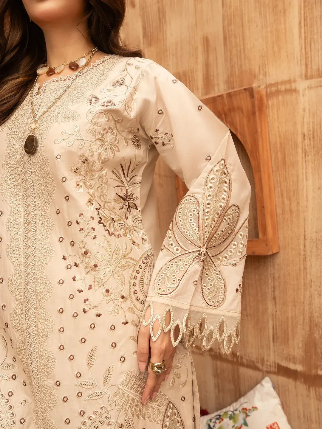 Premium Lawn 3 Piece Stitched Embroidered Suit for Women - Elegant Beige Collection