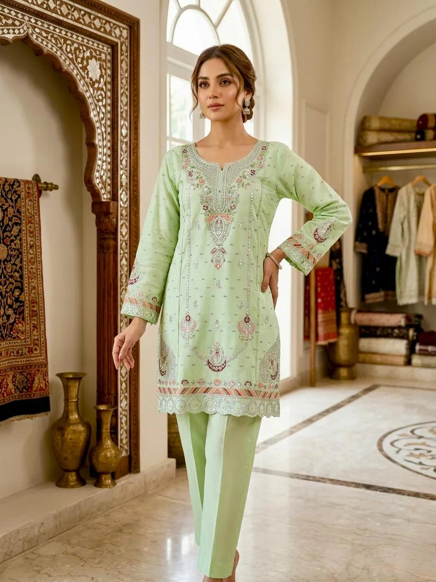 3-Piece Light Green Embroidered Cotton Lawn Suit (Large)