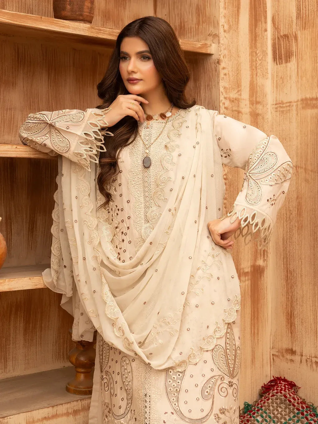 Premium Lawn 3 Piece Stitched Embroidered Suit for Women - Elegant Beige Collection