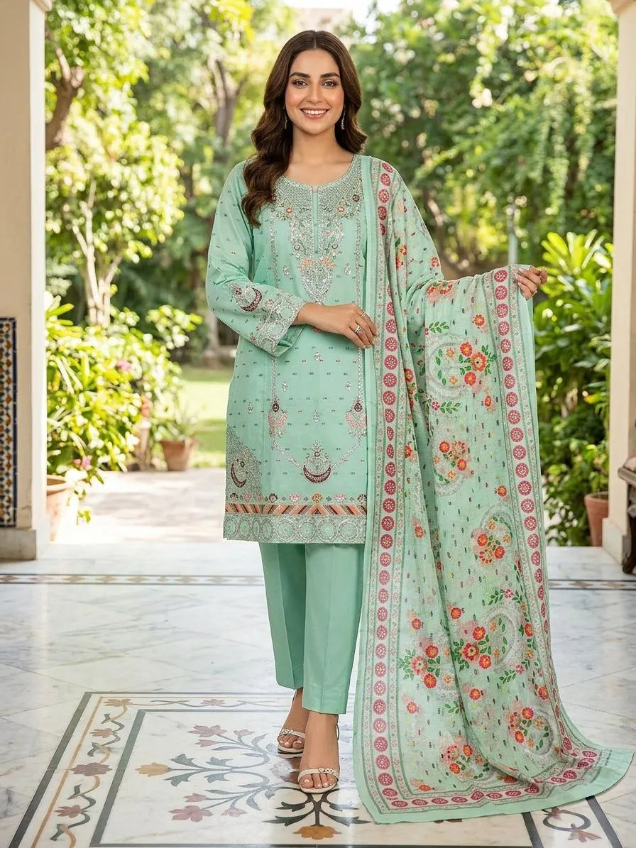 3-Piece Light Green Embroidered Cotton Lawn Suit (Large)