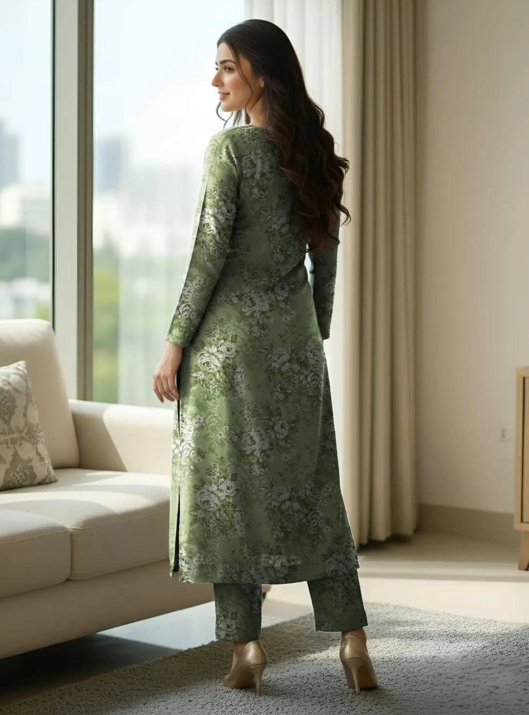 Women's Green Printed Lawn 2 Piece Suit (Unstitched)
