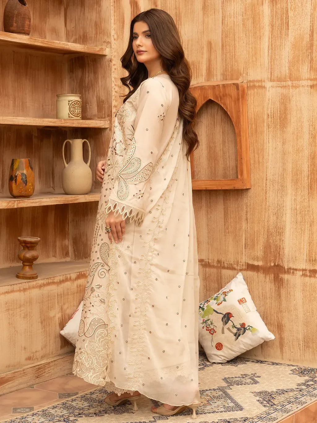 Premium Lawn 3 Piece Stitched Embroidered Suit for Women - Elegant Beige Collection