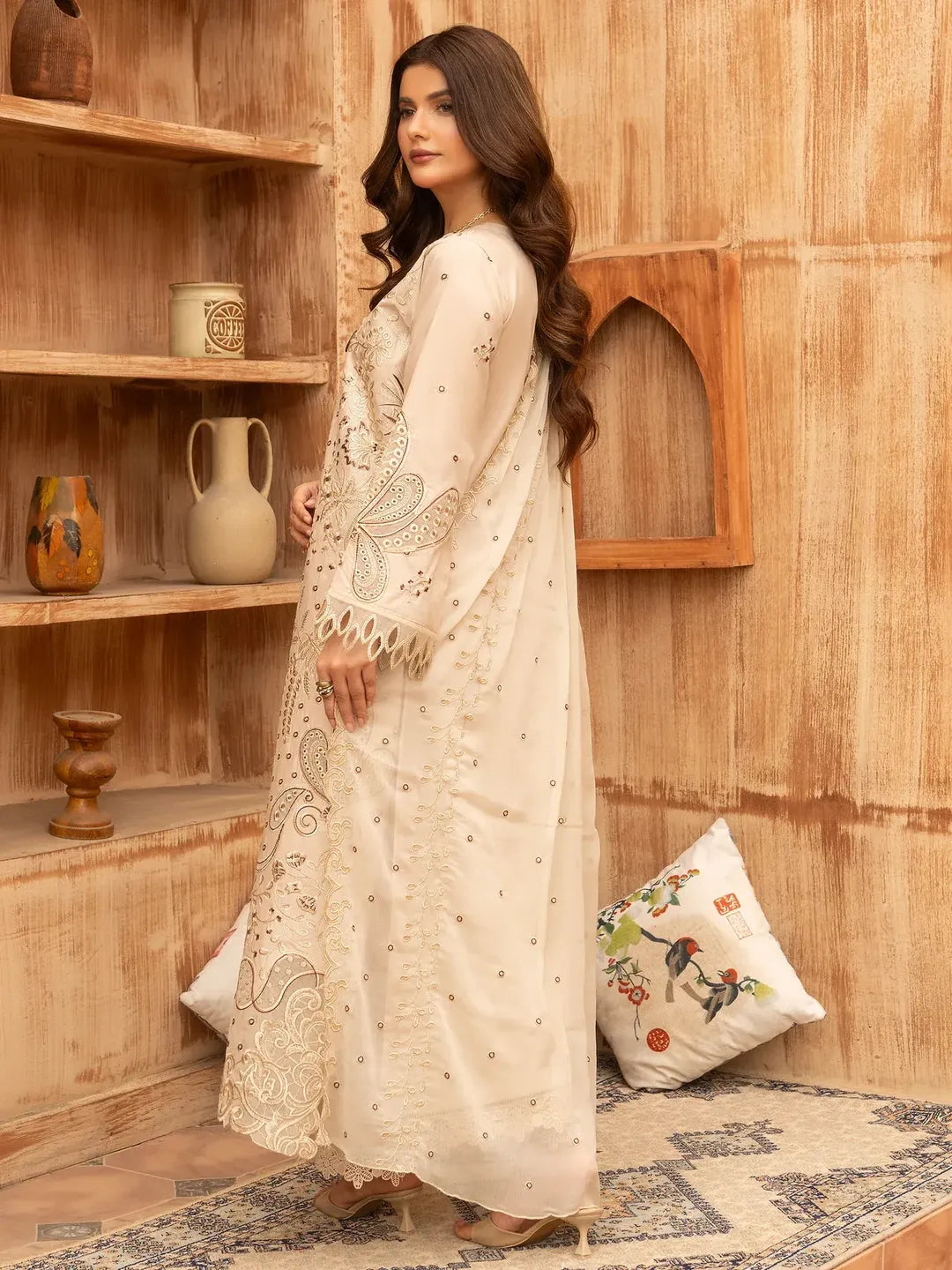 Premium Lawn 3 Piece Stitched Embroidered Suit for Women - Elegant Beige Collection